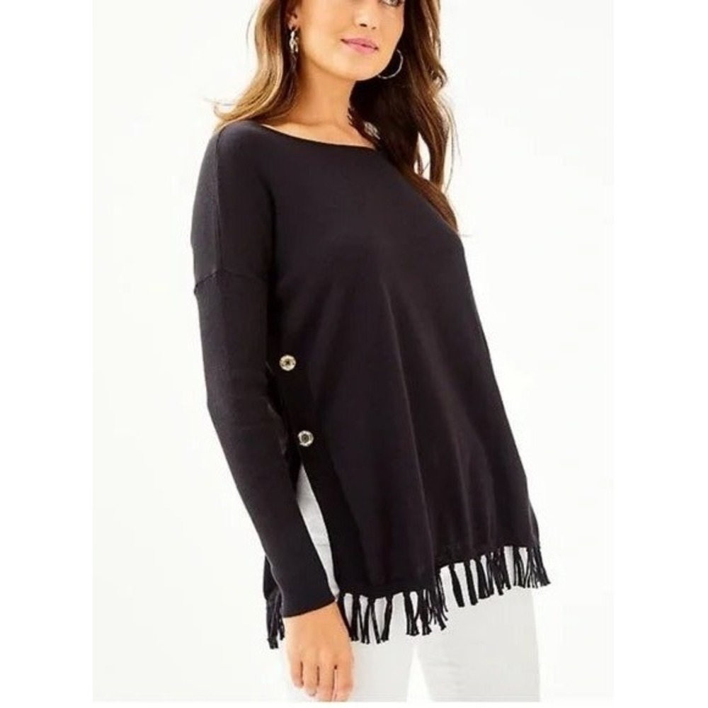 Lilly Pulitzer Ramona Fringe Sweater Women XXS Black Gold Side Button Preppy